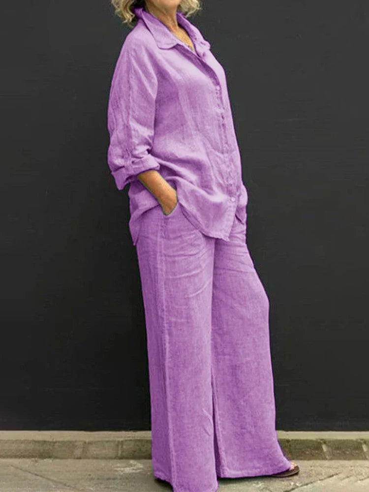 Women's Two-Piece Set | Vintage Blouse & Loose Trousers Casual & Formal Outfit