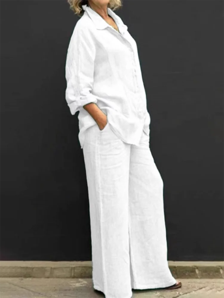 Women's Two-Piece Set | Vintage Blouse & Loose Trousers Casual & Formal Outfit