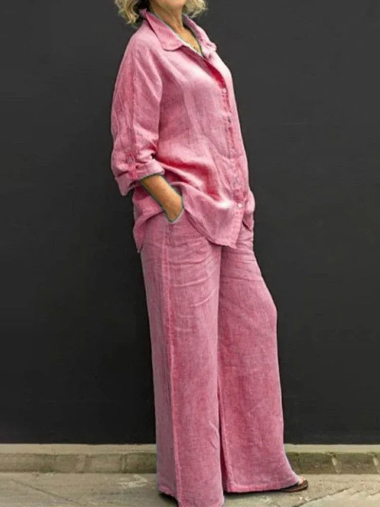 Women's Two-Piece Set | Vintage Blouse & Loose Trousers Casual & Formal Outfit
