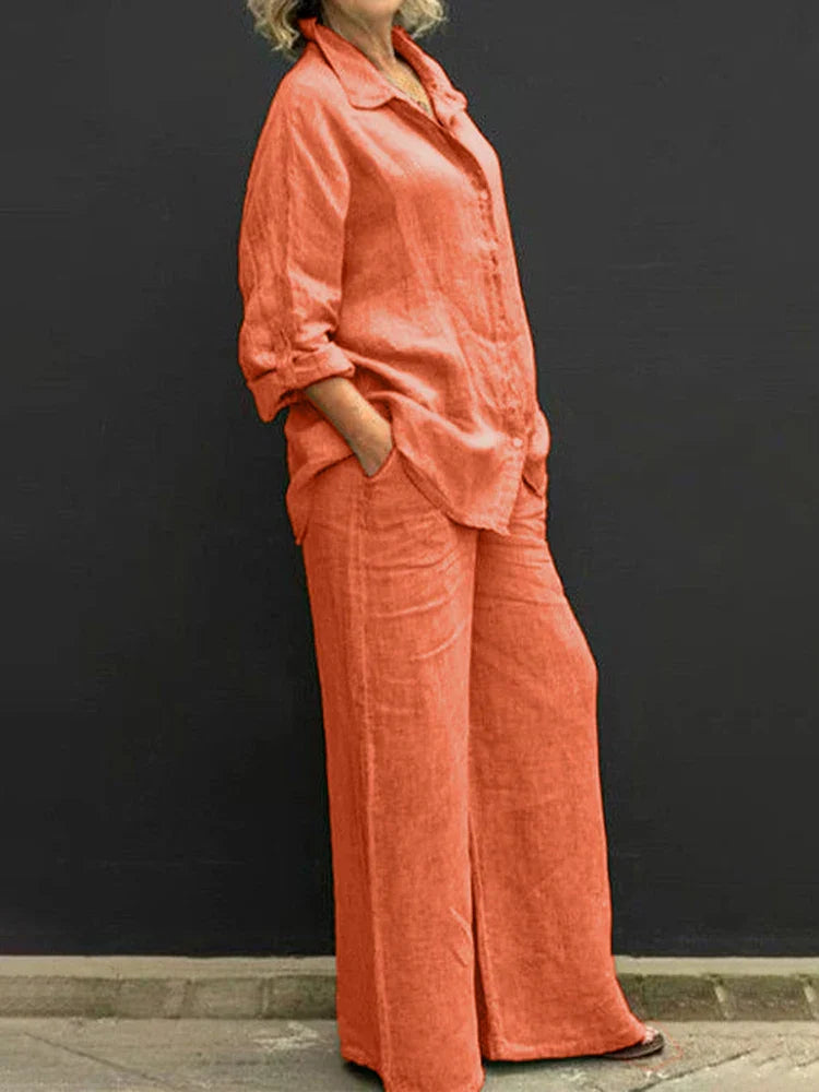Women's Two-Piece Set | Vintage Blouse & Loose Trousers Casual & Formal Outfit