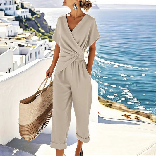 Women's Wrap V-Neck Short Sleeve Wide Leg Two-Piece Set