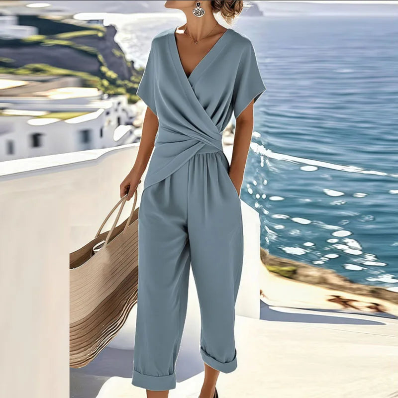 Women's Wrap V-Neck Short Sleeve Wide Leg Two-Piece Set