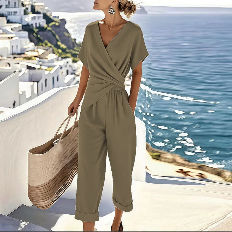 Women's Wrap V-Neck Short Sleeve Wide Leg Two-Piece Set