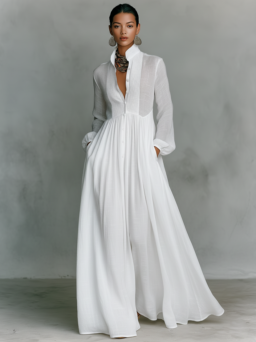 Women's Maxi Dress | Single-Breasted Stand Collar Long Sleeve Patchwork Casual Dress