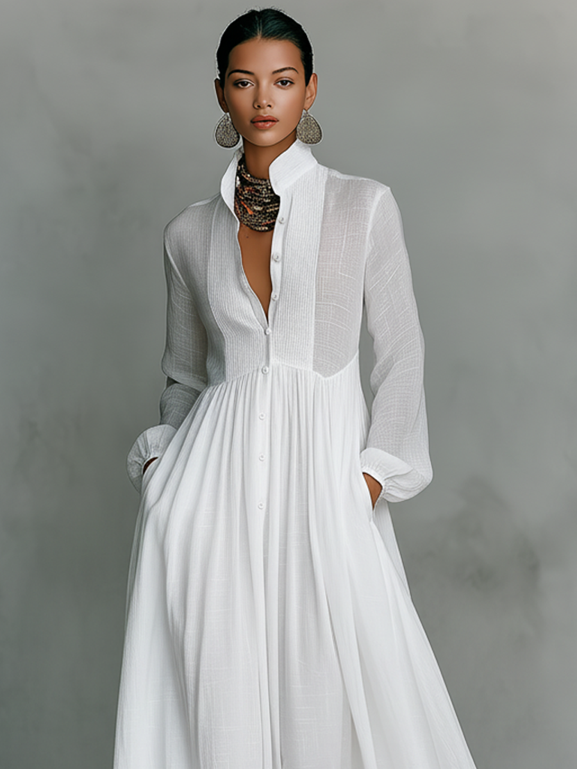 Women's Maxi Dress | Single-Breasted Stand Collar Long Sleeve Patchwork Casual Dress