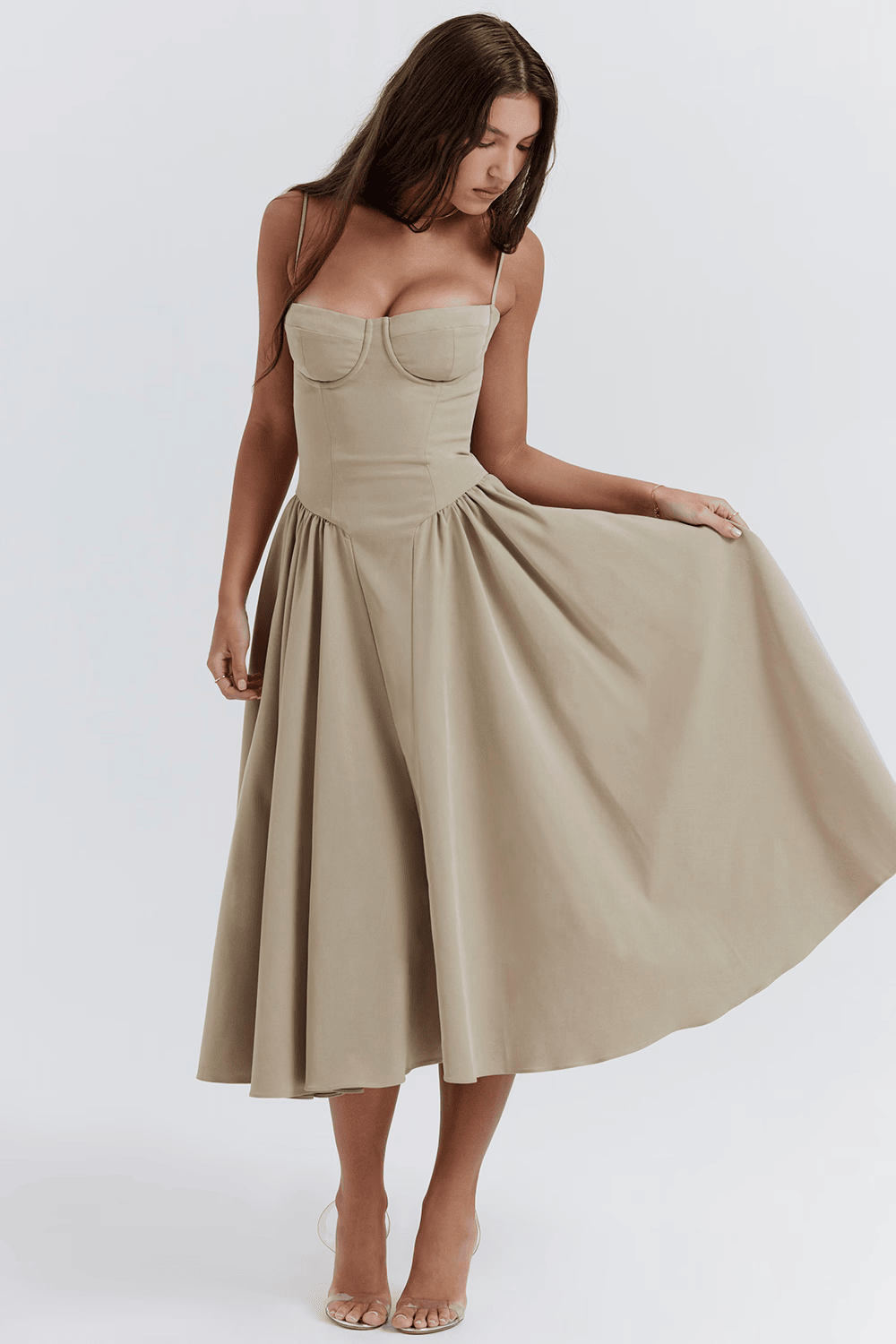 Women's Sweetheart Neck Spaghetti Strap Corset Bodice Flared Midi Dress