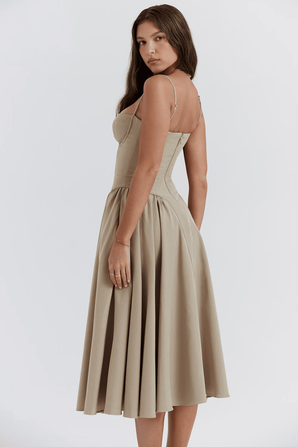 Women's Sweetheart Neck Spaghetti Strap Corset Bodice Flared Midi Dress