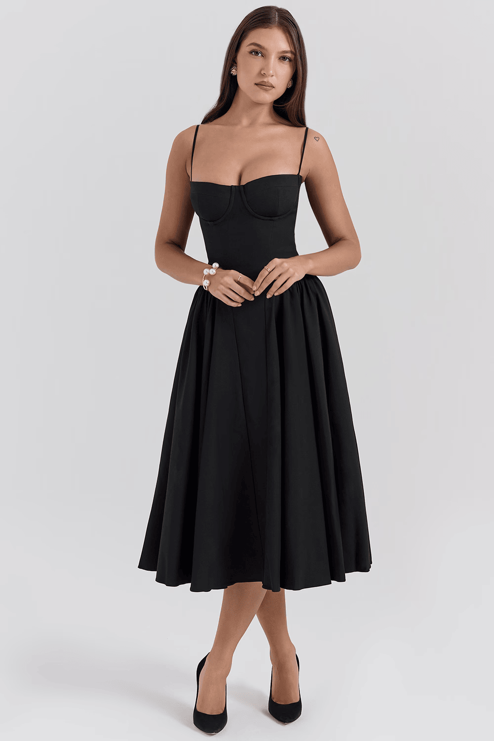 Women's Sweetheart Neck Spaghetti Strap Corset Bodice Flared Midi Dress