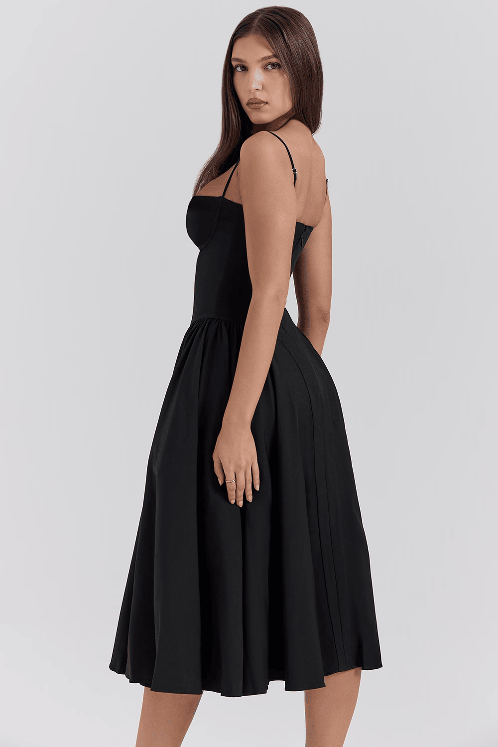 Women's Sweetheart Neck Spaghetti Strap Corset Bodice Flared Midi Dress
