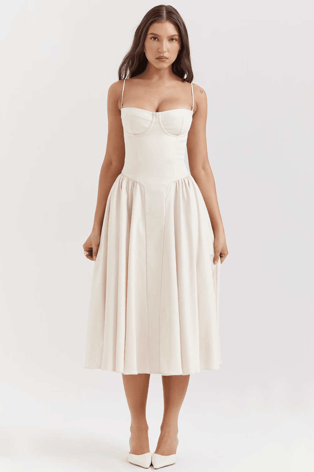Women's Sweetheart Neck Spaghetti Strap Corset Bodice Flared Midi Dress