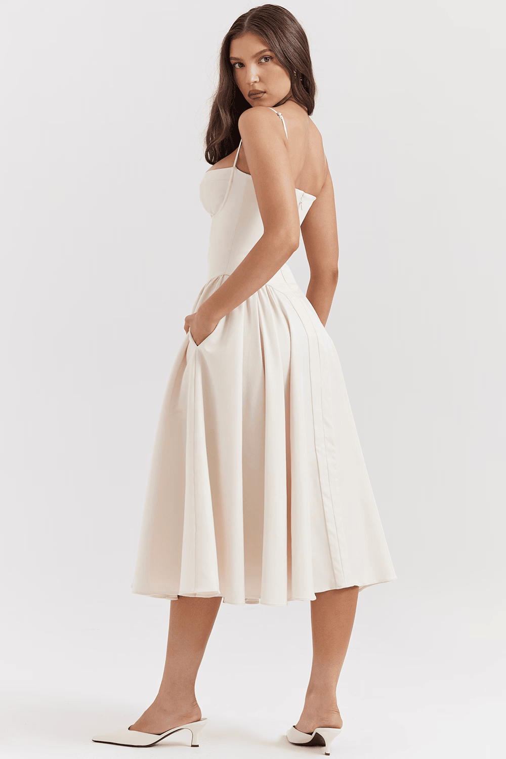 Women's Sweetheart Neck Spaghetti Strap Corset Bodice Flared Midi Dress
