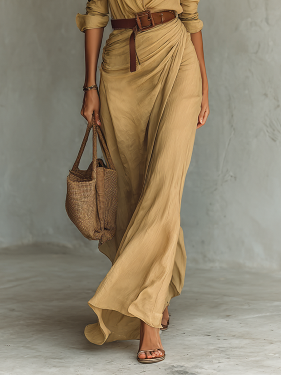 Women's Lapel Maxi Dress | Single Breasted Long Sleeve Belted Casual Dress