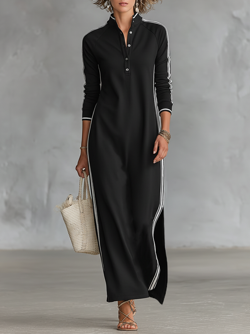 Women's Sweatshirt Maxi Dress | Button-Down Collar White Trim Casual Minimalist Dress