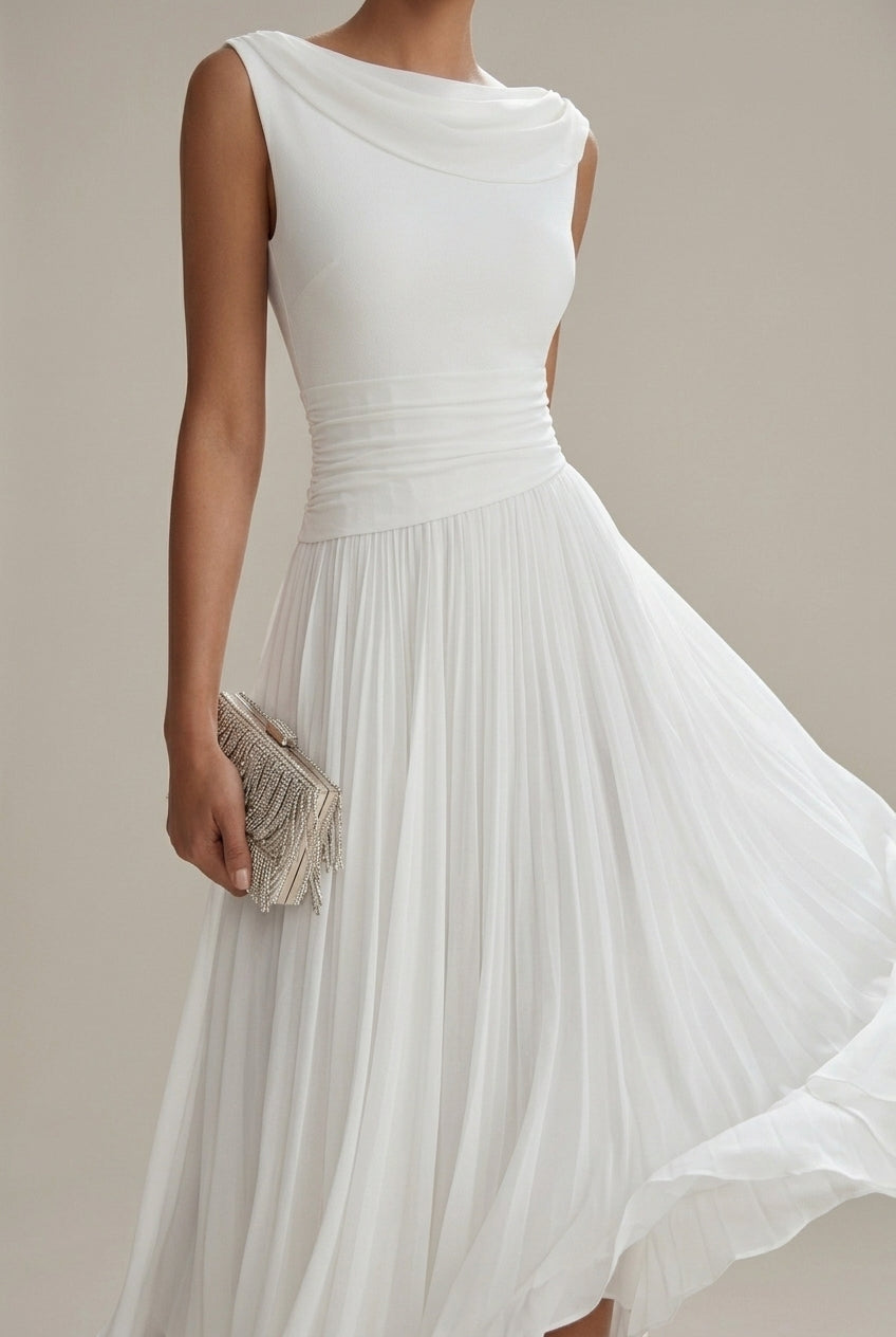 Women's Sleeveless Pleated Midi Dress | Draped Neckline Casual Elegant Everyday Dress