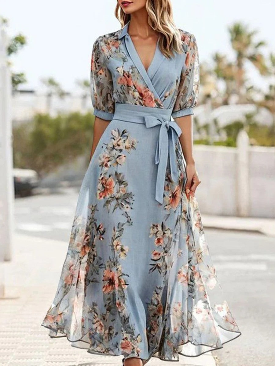 Women's Floral Chiffon Midi Dress | V-Neck Casual Summer & Wedding Guest Dress
