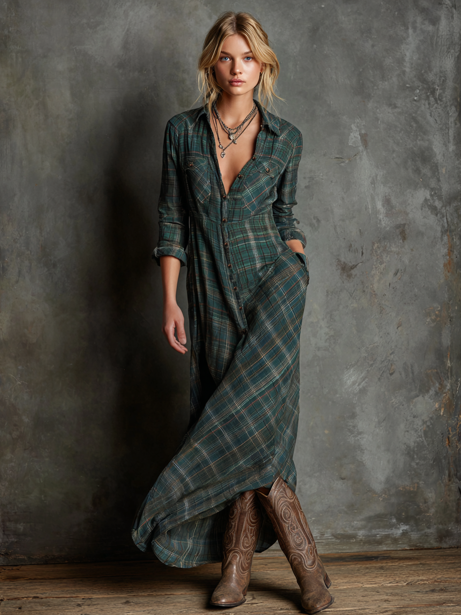 Women's Plaid Shirt Maxi Dress | Lapel Single-Breasted Casual Everyday Dress