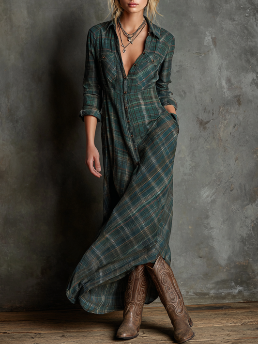 Women's Plaid Shirt Maxi Dress | Lapel Single-Breasted Casual Everyday Dress