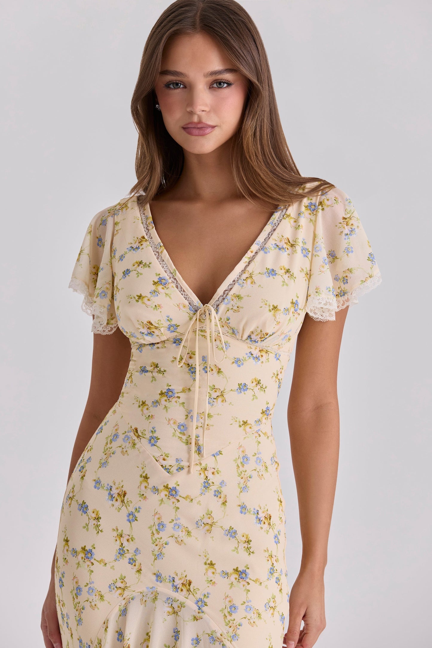 Women's Floral Print V-Neck Flutter Sleeve Flowy Maxi Dress Boho Wedding Guest