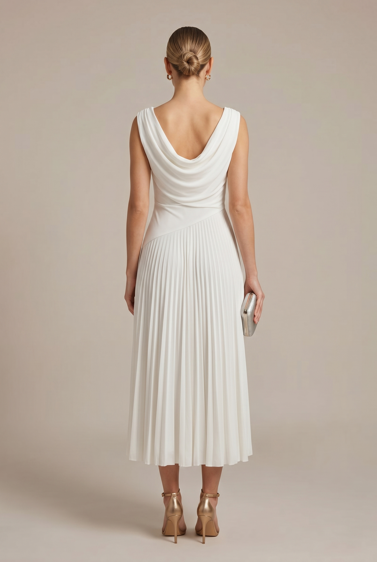 Women's Sleeveless Pleated Midi Dress | Draped Neckline Casual Elegant Everyday Dress