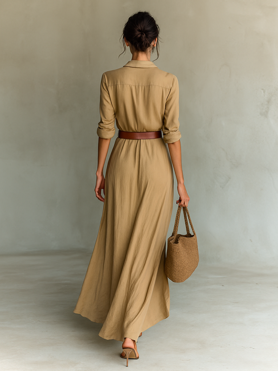 Women's Lapel Maxi Dress | Single Breasted Long Sleeve Belted Casual Dress
