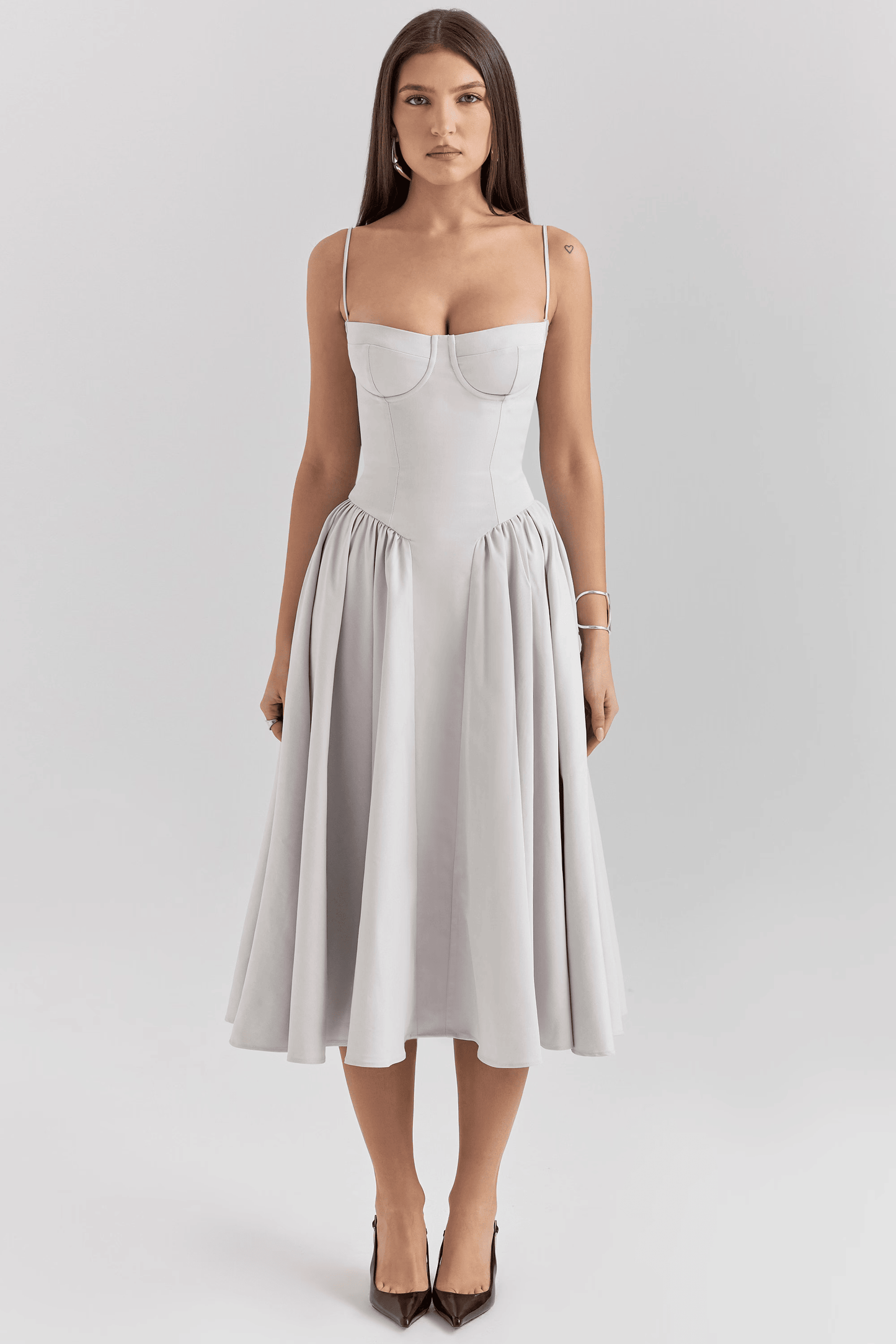 Women's Sweetheart Neck Spaghetti Strap Corset Bodice Flared Midi Dress