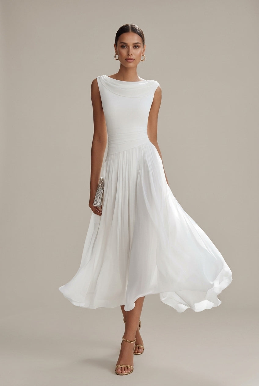 Women's Sleeveless Pleated Midi Dress | Draped Neckline Casual Elegant Everyday Dress