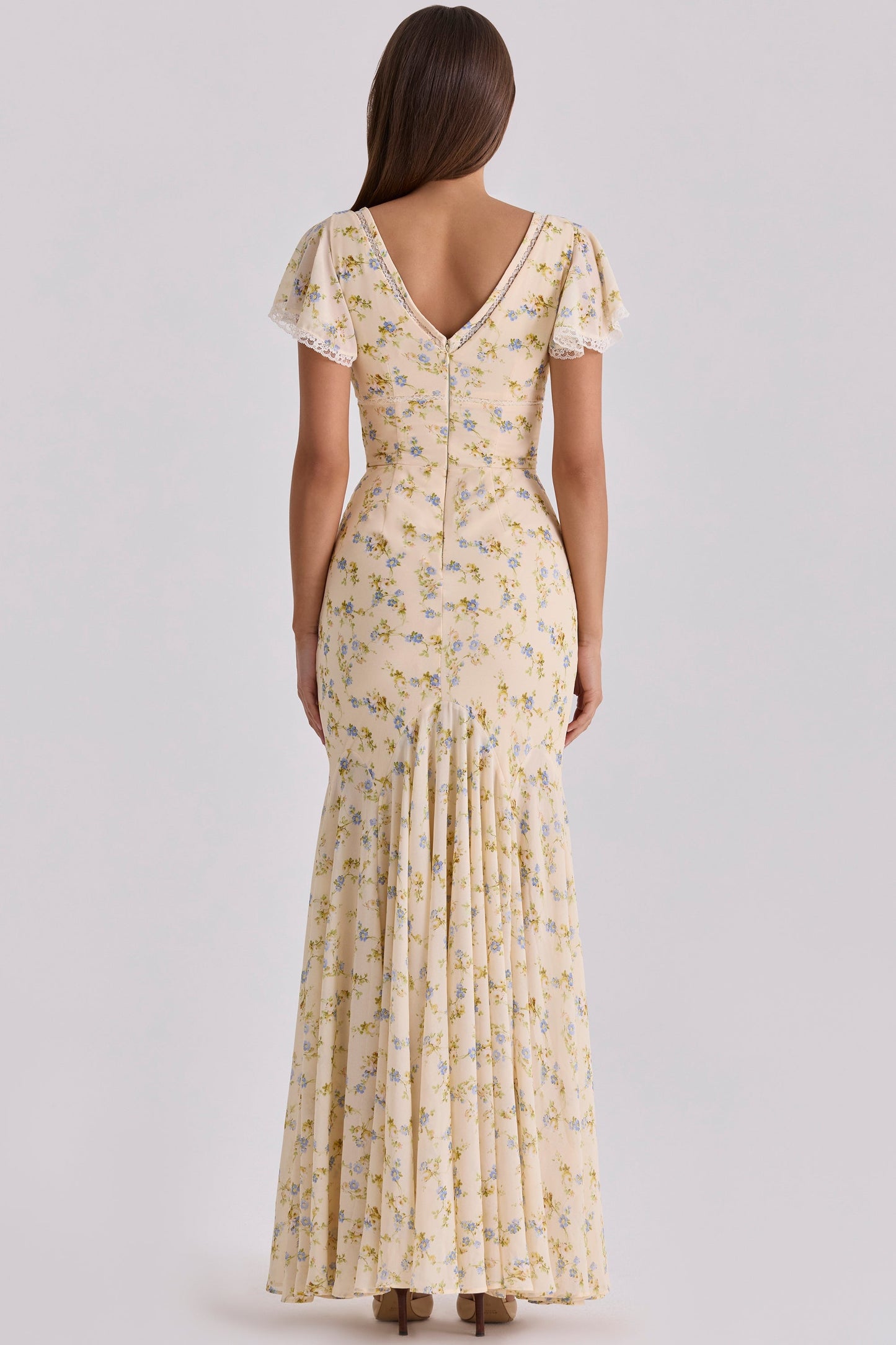Women's Floral Print V-Neck Flutter Sleeve Flowy Maxi Dress Boho Wedding Guest