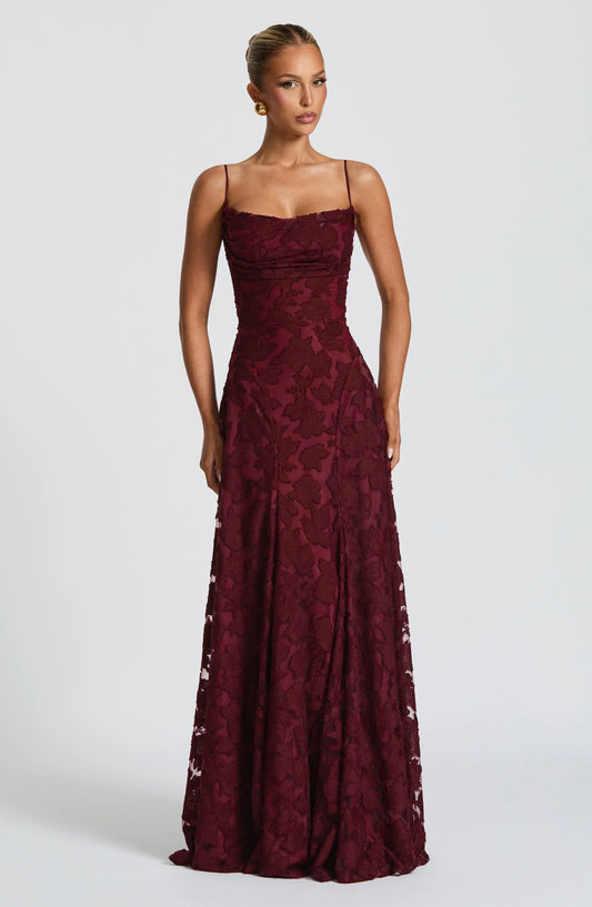 Women's Floral Lace Spaghetti Strap A-Line Maxi Evening Dress Wedding Guest
