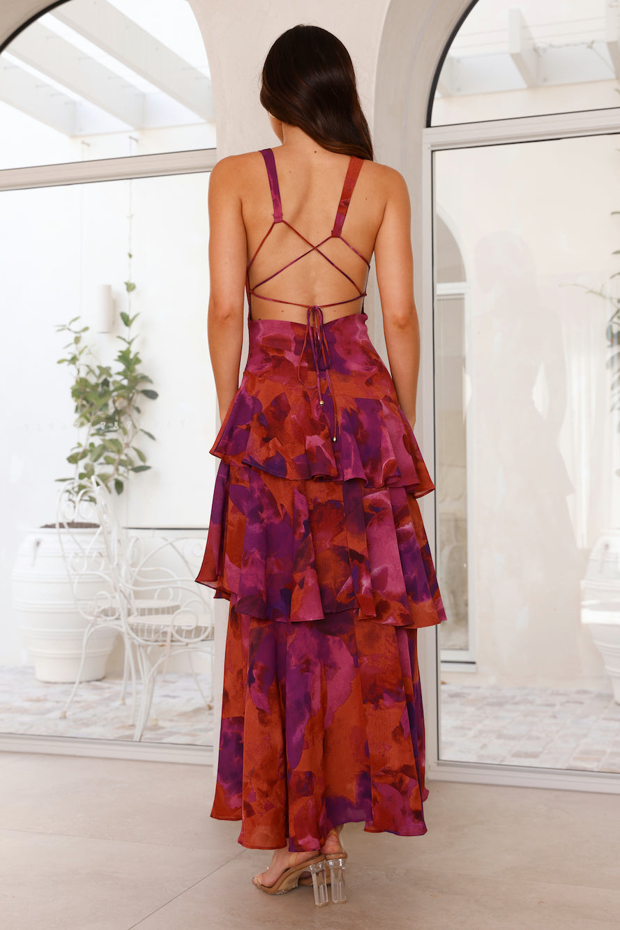 Women’s Printed V Neck Ruffle Tiered Maxi Wedding Guest Dress