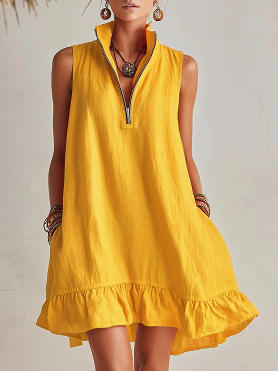 Women's Cotton Mini Dress | Stand Collar Half-Zip Dress with Pockets