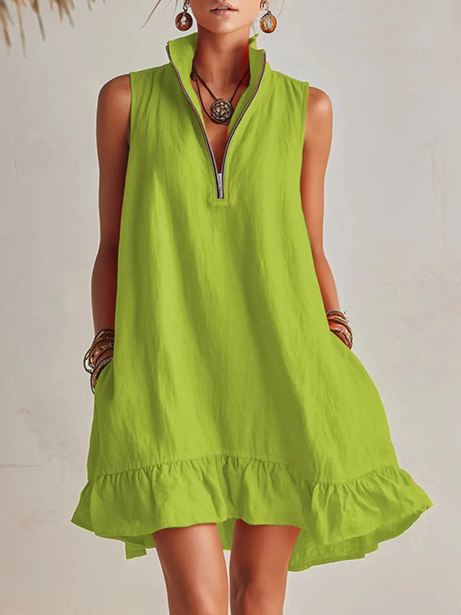 Women's Cotton Mini Dress | Stand Collar Half-Zip Dress with Pockets