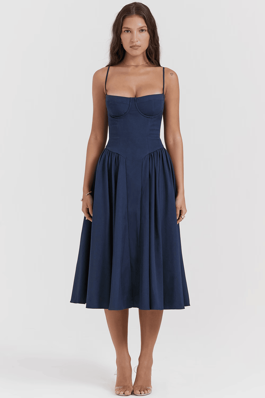 Women's Sweetheart Neck Spaghetti Strap Corset Bodice Flared Midi Dress