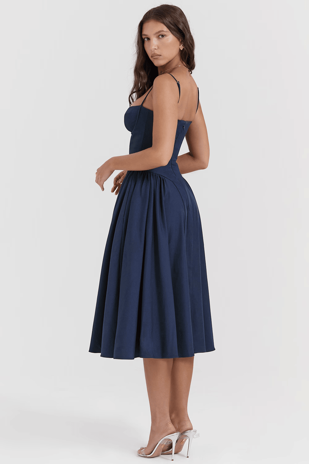 Women's Sweetheart Neck Spaghetti Strap Corset Bodice Flared Midi Dress