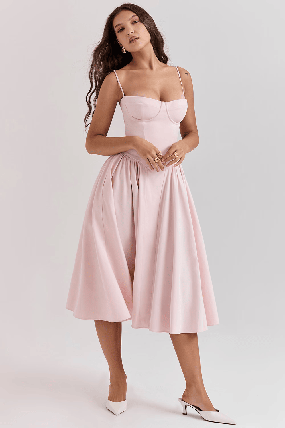 Women's Sweetheart Neck Spaghetti Strap Corset Bodice Flared Midi Dress