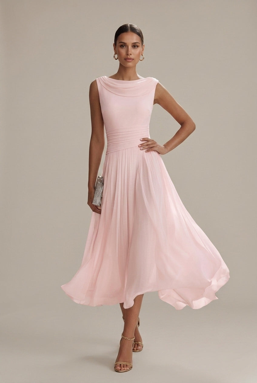 Women's Sleeveless Pleated Midi Dress | Draped Neckline Casual Elegant Everyday Dress