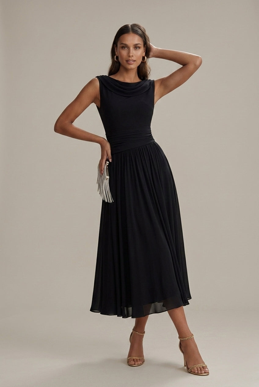 Women's Sleeveless Pleated Midi Dress | Draped Neckline Casual Elegant Everyday Dress