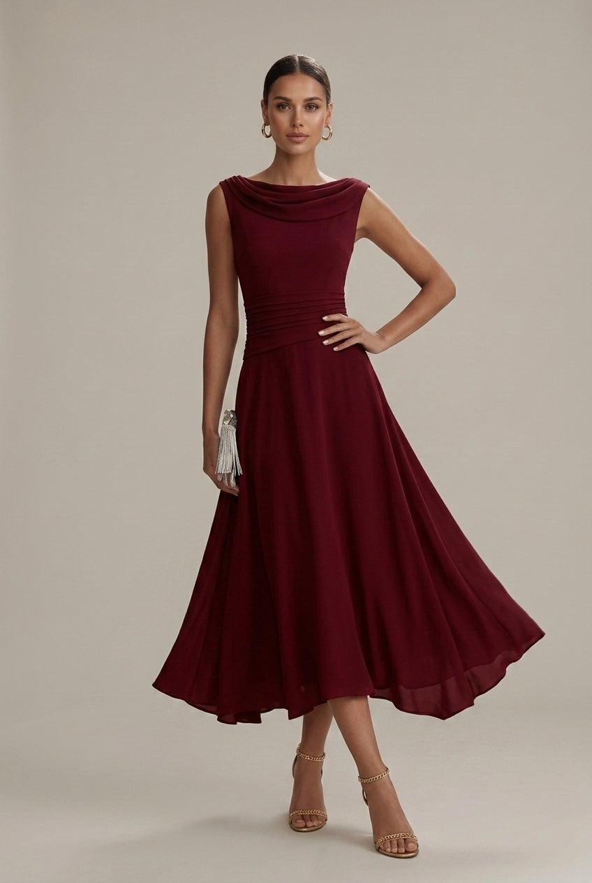 Women's Sleeveless Pleated Midi Dress | Draped Neckline Casual Elegant Everyday Dress