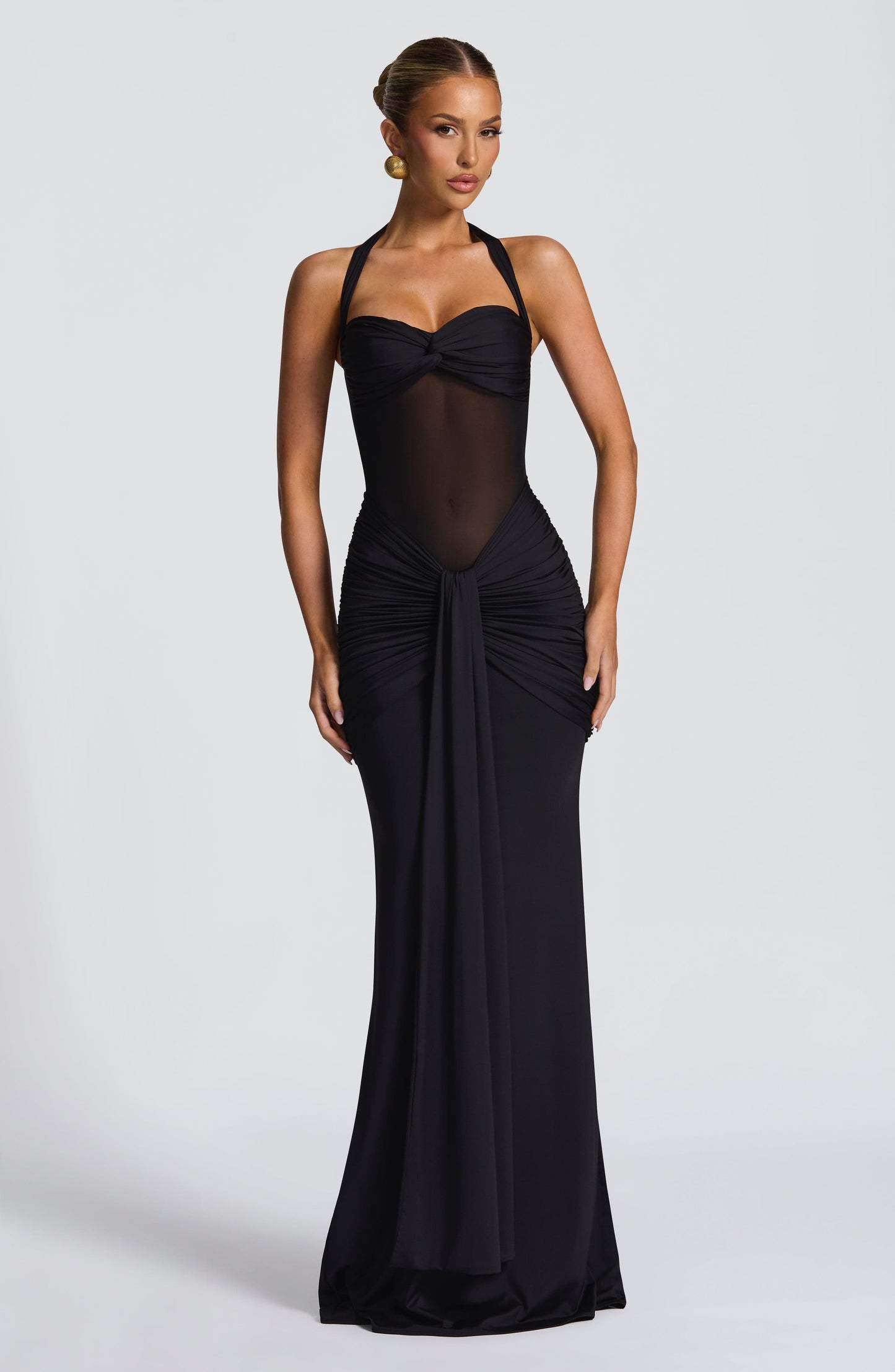 Women's Halter Neck Sweetheart Ruched Fitted Maxi Evening Dress Wedding Guest