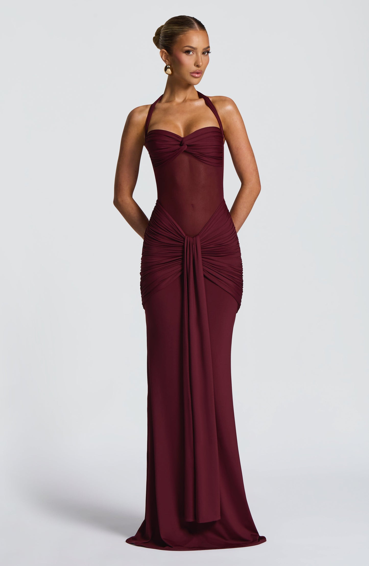 Women's Halter Neck Sweetheart Ruched Fitted Maxi Evening Dress Wedding Guest