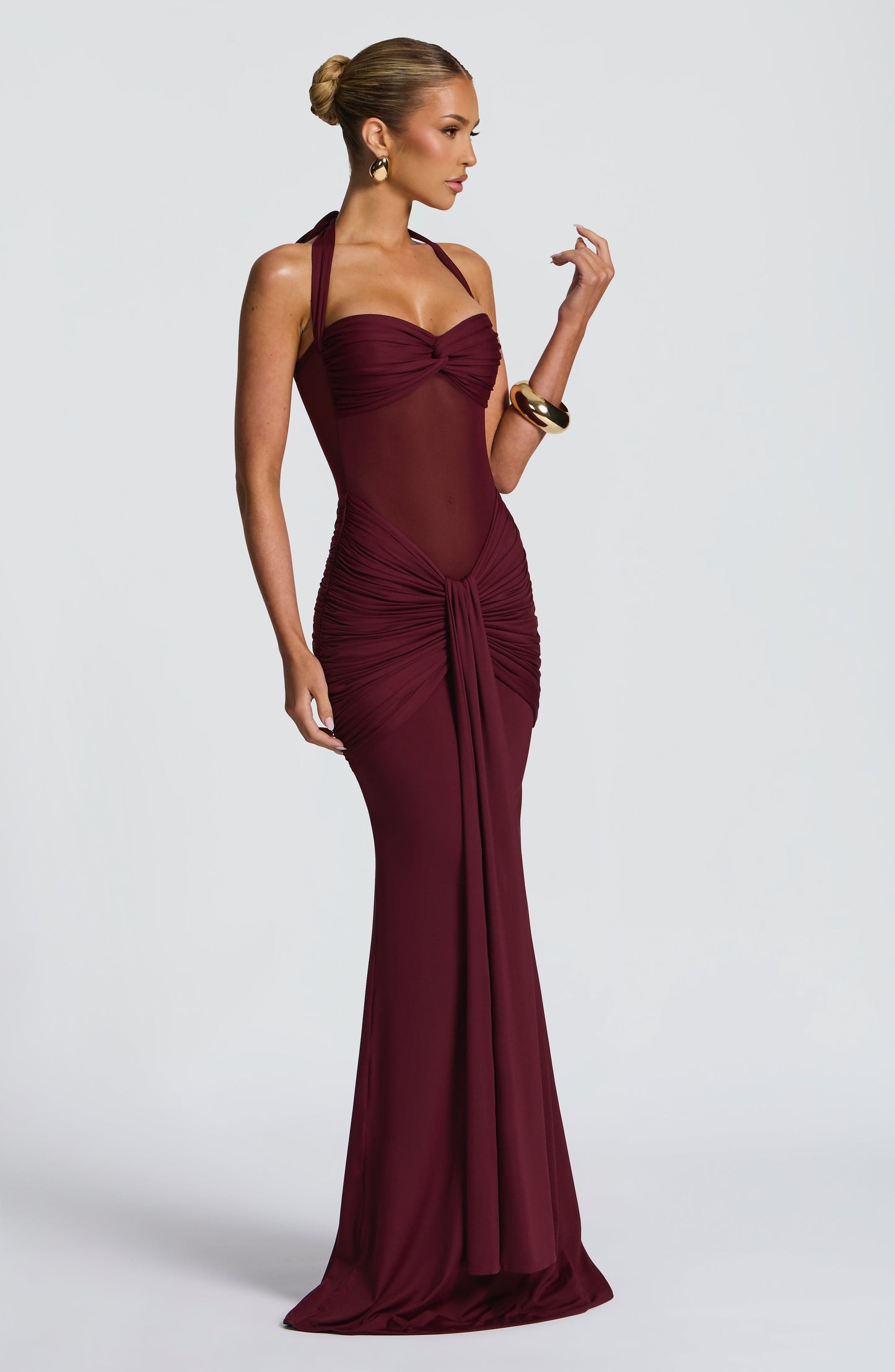 Women's Halter Neck Sweetheart Ruched Fitted Maxi Evening Dress Wedding Guest