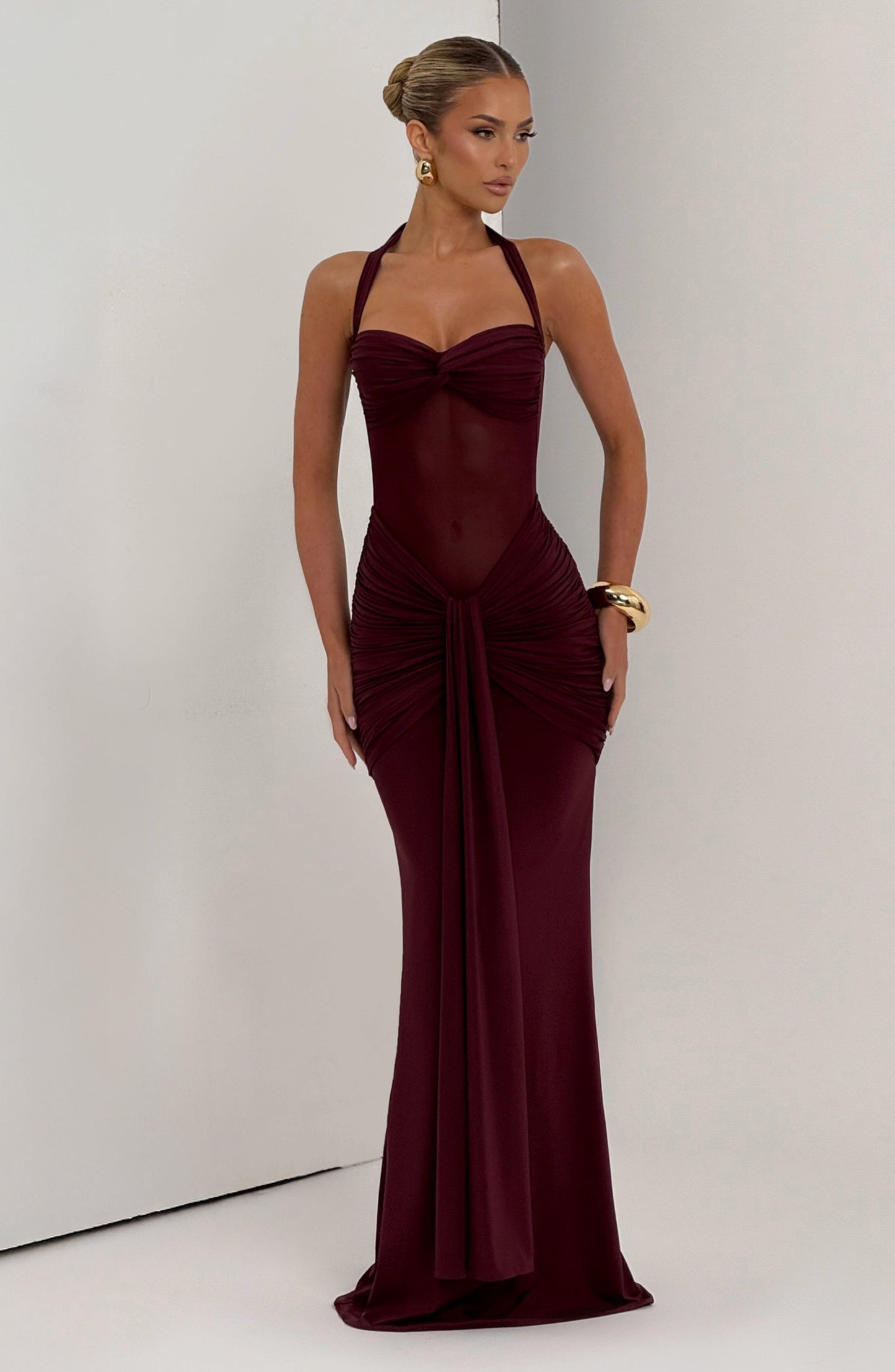 Women's Halter Neck Sweetheart Ruched Fitted Maxi Evening Dress Wedding Guest