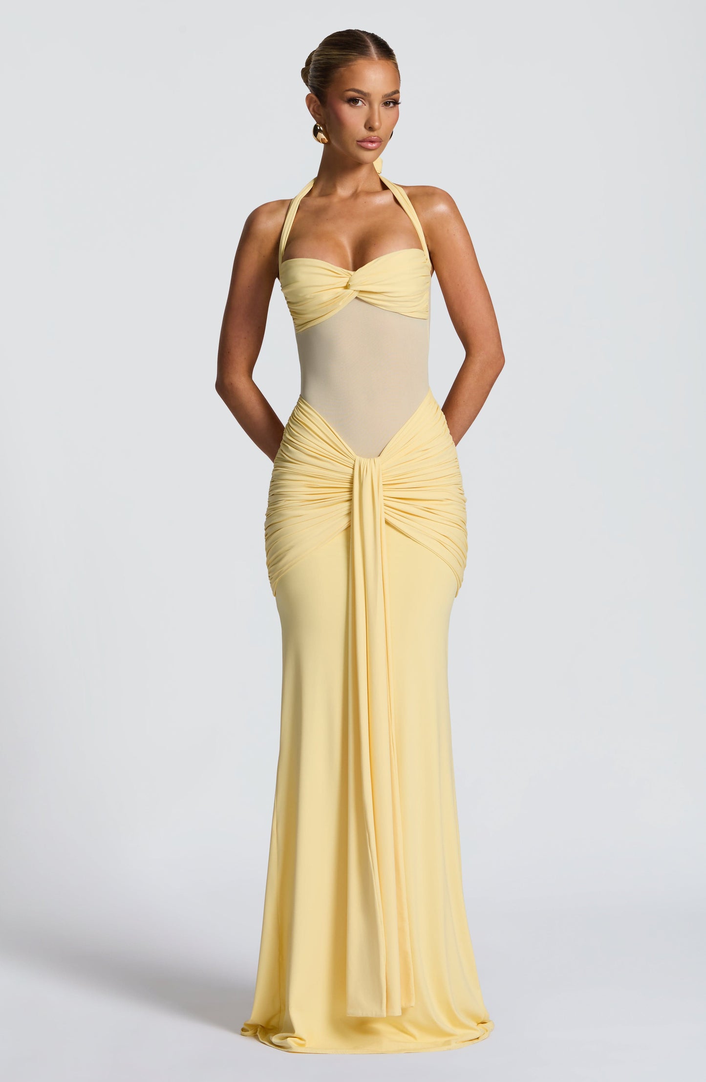 Women's Halter Neck Sweetheart Ruched Fitted Maxi Evening Dress Wedding Guest