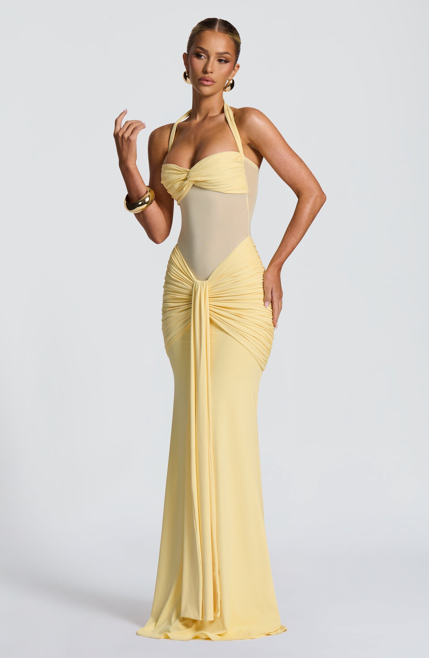 Women's Halter Neck Sweetheart Ruched Fitted Maxi Evening Dress Wedding Guest