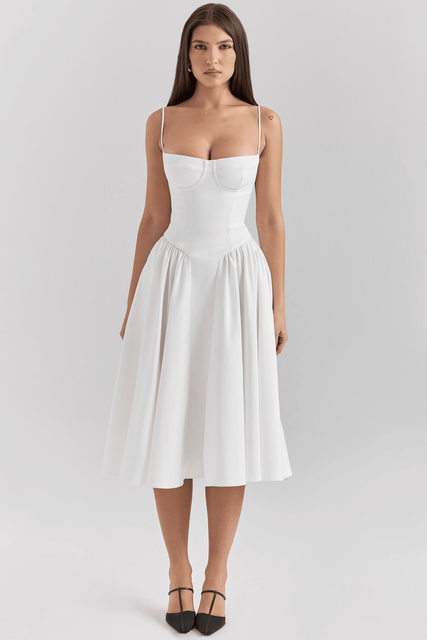 Women's Sweetheart Neck Spaghetti Strap Corset Bodice Flared Midi Dress