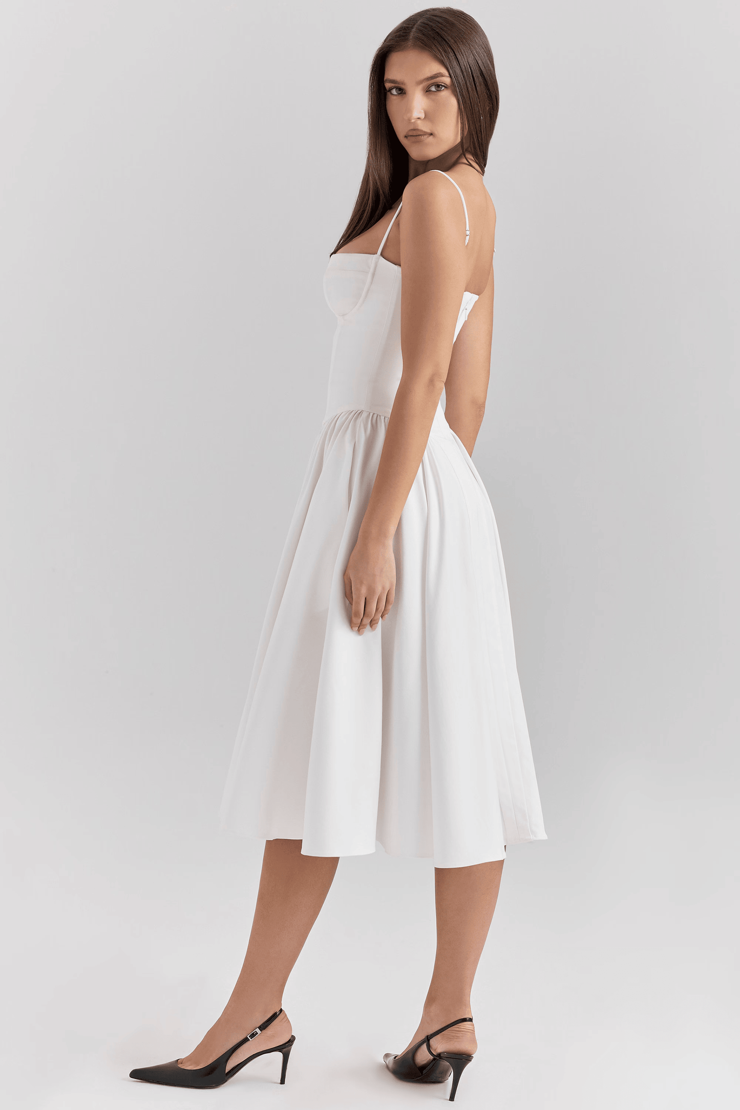Women's Sweetheart Neck Spaghetti Strap Corset Bodice Flared Midi Dress