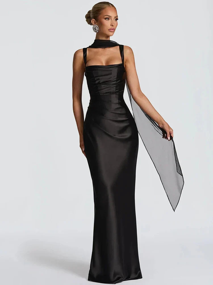 Women's Cowl Neck Sleeveless Fitted Maxi Evening Dress Wedding Guest