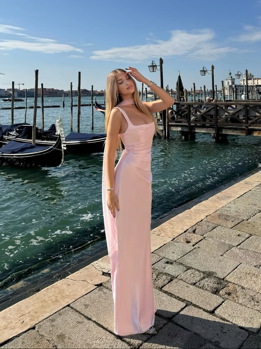 Women's Cowl Neck Sleeveless Fitted Maxi Evening Dress Wedding Guest