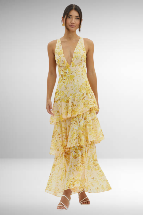 Women’s Printed V Neck Ruffle Tiered Maxi Wedding Guest Dress